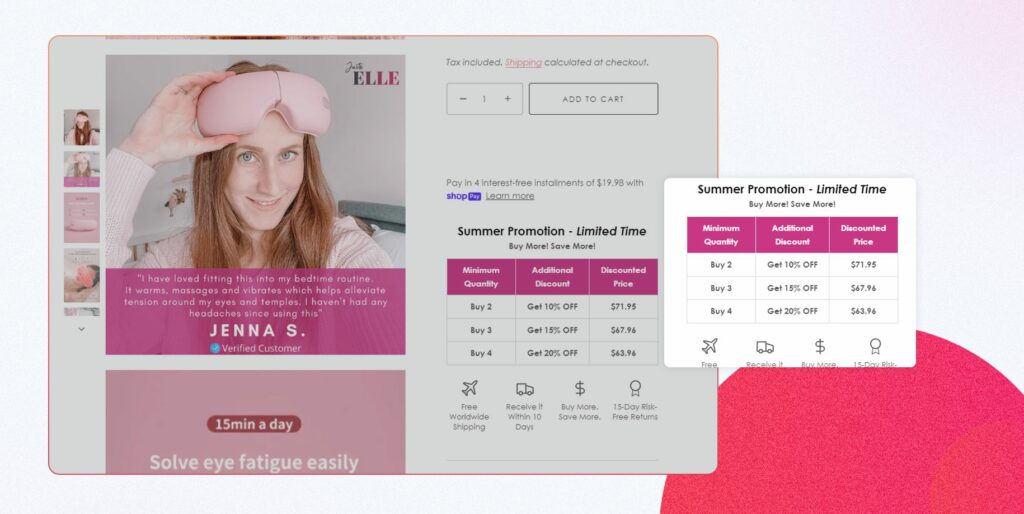 JustElle is a website that empowers women and gives them a daily edge in life. Their eCommerce platform uses quantity breaks to help sell beauty products in large quantities.