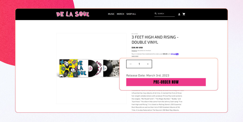 Preorder Now button on De La Soul's Store